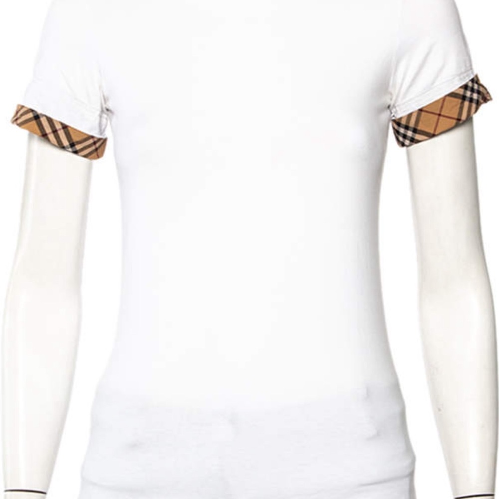 Burberry White T-Shirt with Plaid Cuffs 
Size women’s Large.